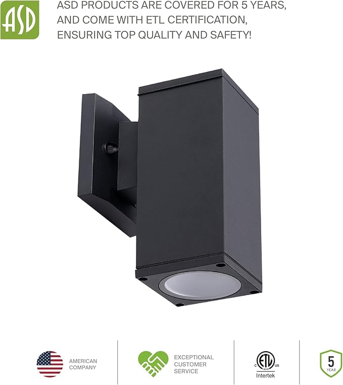 ASD 1 Light Square Dusk to Dawn Outdoor Wall Light Fixture | 60W E26 Bulb Socket 120V ETL Cylinder Up Down Lights | LED/CFL/Incandescent Bulb Wall Sconce | Front Door, Porch, Patio | Black, 2 Pack