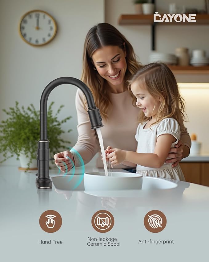 Touchless Oil Rubbed Bronze Kitchen Faucet with Soap Dispenser, DAYONE Single Handle Faucets for Kitchen Smart Motion Sensor Activated Hands-Free Pull Down, Robinet de Cuisine sans Contact