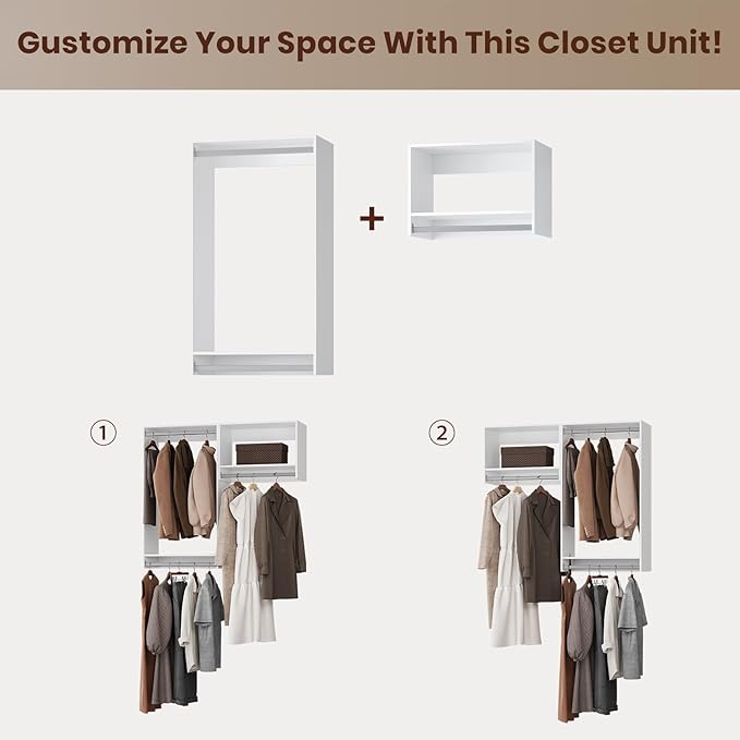 ROOMTEC Modular Closet System, 55" Wall-Mounted Closet Organizer with Hanging Rods, Wooden Tower for Walk-In Closets, Wardrobe Storage Kit, White