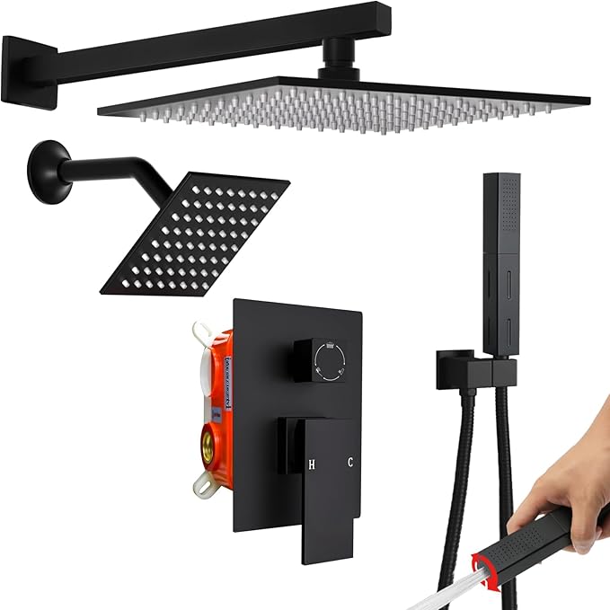 Enga Shower System Dual Shower Heads with 10+6" Dual Rain Shower Head with Handheld Spray for Two People, Wall Mount Shower Faucet Set with Valve Kit, Matte Black