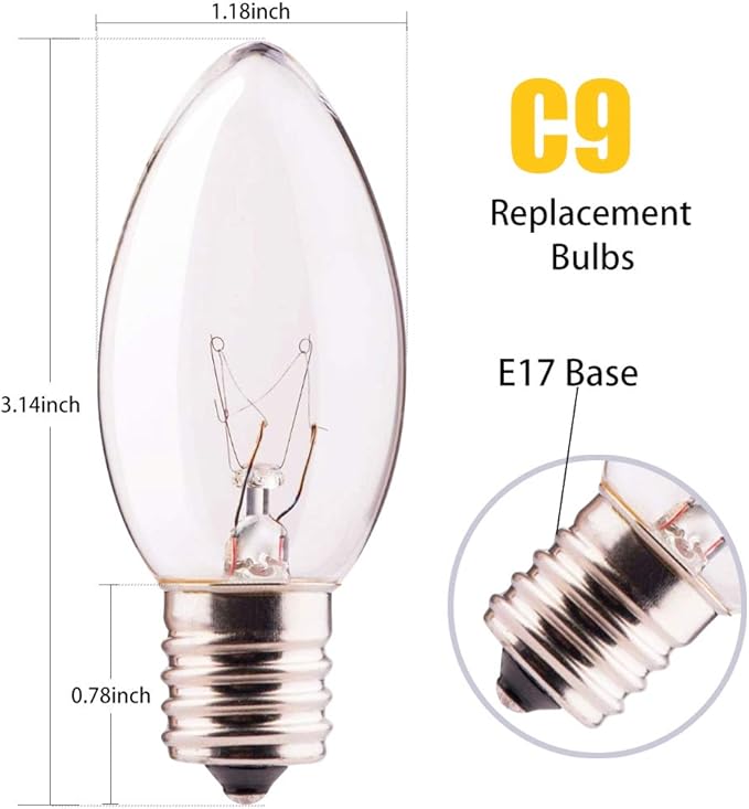 SUNSGNE 25 Pack C9 Clear Replacement Bulbs, C9 Christmas Light Bulbs Clear Incandescent Bulbs for Christmas Vintage String Light, E17 Intermediate Base, 7 Watt