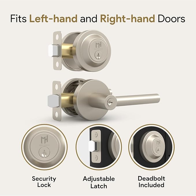 Mega Handles Ronn Entry Door Handle & Deadbolt Lock - 3 Pack Reversible Heavy Duty Brushed Nickel Door Handles & Deadbolt for Interior/Exterior Doors, Fits All Standard Doors - Satin Nickel