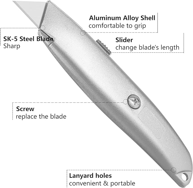 DIYSELF Utility Knife, 20 Pack Heavy Duty Box Cutter Retractable, Box Cutter Knife, Box Opener, Cardboard Cutter, Utility Knives for Garage, Home and Office, Box Cutters for Daily Use (Silver)