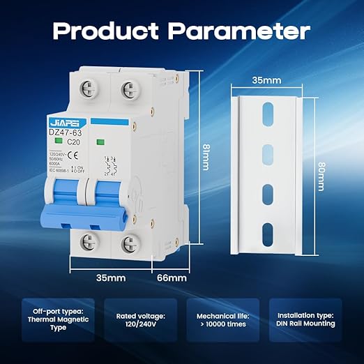 AC Miniature Circuit Breaker, 120V/240V 2 Pole 20 Amp DIN Rail Mount Circuit Breaker, MCB C20 Solar AC Disconnect Switch,Thermal Magnetic Trip
