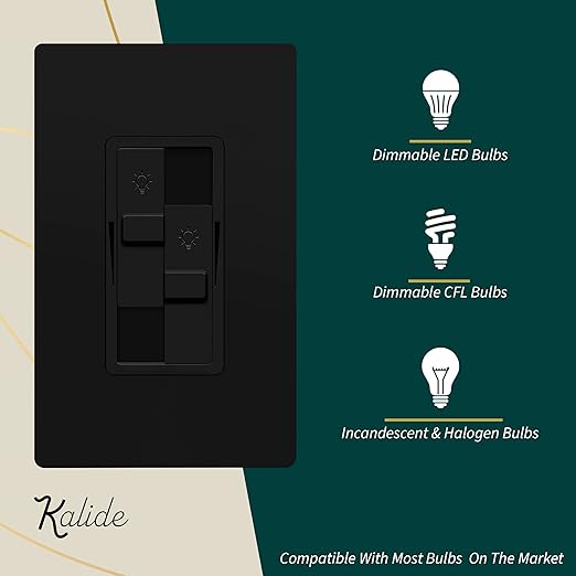 TOPGREENER Kalide Dual Load Dimmer Light Switch, Double LED Dimmer Switch, Full Range Dimming, Single Pole, 120VAC, 60Hz, 200W LED/CFL, Neutral Wire Not Required, TGDDS-BK, Black
