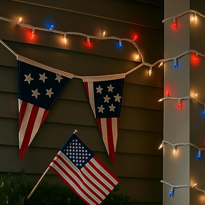 Novelty Lights 50 Feet 100 Bulb Incandescent Mini Light String, Red/White/Blue with 6-Inch Spacing on White Wire, UL Listed Commercial Grade Indoor/Outdoor Mini Lights, Connectable End-to-End