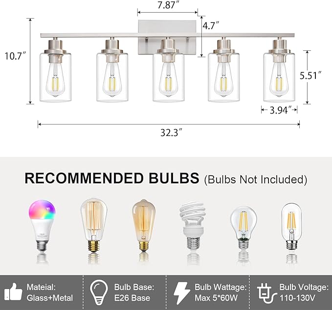 5 Light Bathroom Light Fixtures Brushed Nickel Vanity Light Over Mirror Modern Farmhouse Wall Lighting Sconces Wall Lamp for Bathroom, Bedroom, Living Room E26 Socket with Glass Shade