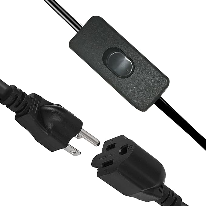Black Extension Cord with Switch On/Off, 3 Prong Grounded Plug, 6.56 FT Insulated & Flame Retardant,125V 375W Indoor Power Cord, UL Listed
