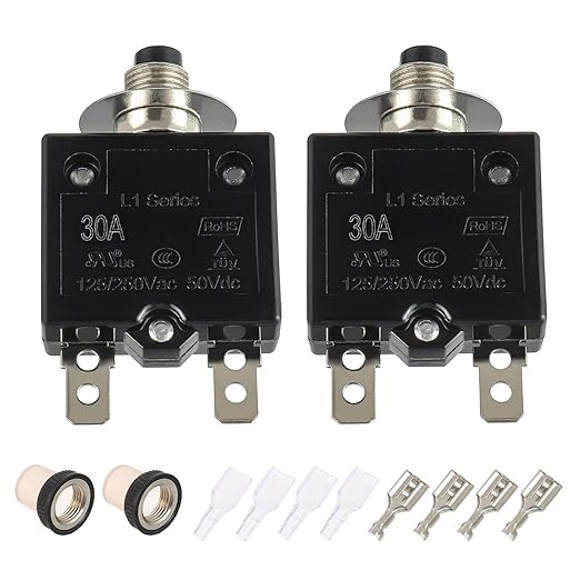 30A Manual Reset Push Button Circuit Breaker 125/250V AC 50V DC Thermal Overload Protector with Quick Connect Terminals and Waterproof Button Caps Assortment Kit(Pack of 2 pcs)