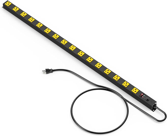 JUNNUJ Long Metal 16 Outlet Power Strip, Heavy Duty Power Strips Surge Protection 4800J with Circuit Breaker, 20a Wide Spaced Socket Wall Mount 5-15P Adapter High Amp 6-20R T-Slot 15FT Extension Cord