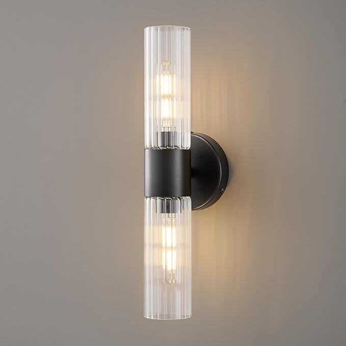 Bathroom Light Fixtures 2-Light, Modern Vanity Light for Bathroom, Wall Sconce, Bath Light with Glass Rods Shades for Mirror Bedroom Hallway (Black)
