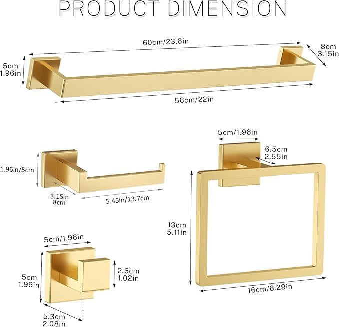 Brushed Gold Towel Bar Set Towel Holder Set,10-Piece Gold Bathroom Hardware Accessories Set,Stainless Steel Towel Rack Set for Bathroom Wall-Mounted,23.6-Inch