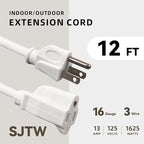12ft Outdoor Extension Cord - 16/3 Heavy Duty SJTW Waterproof White Electrical Cable with 3 Prong Grounded Plug for Safety, Great for Lawn and Major Appliances