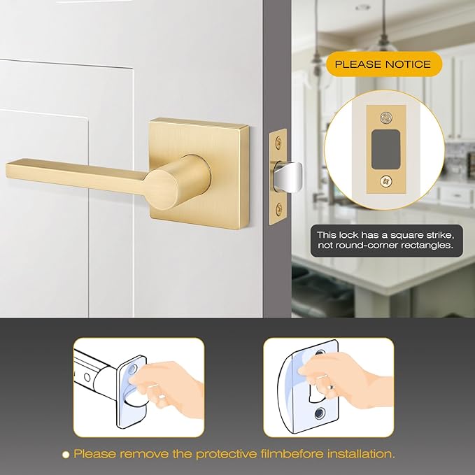 EHOMEWARE 4 Pack Passage Door Knobs, Satin Brass Door Handles Keyless Closet Door Knobs, Interior Door Handle in Gold Finish, Heavy Duty Modern Door Levers