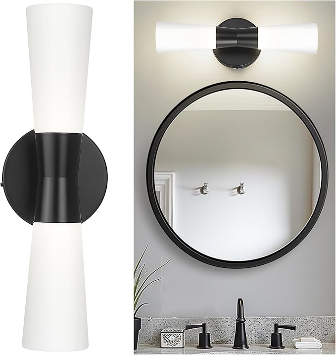 kudos Wall Sconces 16inches Black Vanity Light Fixtures, Modern Sconces Wall Lighting with Milk White Glass, Dimmerable 3000K/4000K/5000K for Bathroom Bedroom, KDVL13-BK
