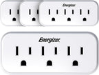 Energizer 3-Outlet Grounded Wall Tap, 15A, 125V, 3-Prong Plug Adapter, White, Plastic & Rubber, Surge Protection, 3 AC Outlets, 4 Pack