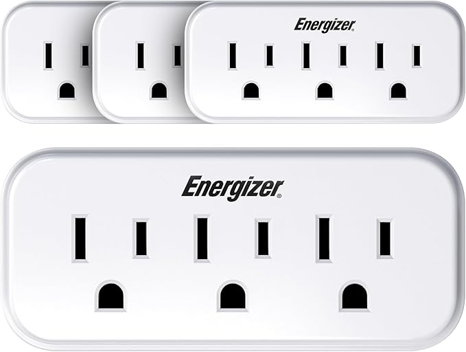 Energizer 3-Outlet Grounded Wall Tap, 15A, 125V, 3-Prong Plug Adapter, White, Plastic & Rubber, Surge Protection, 3 AC Outlets, 4 Pack