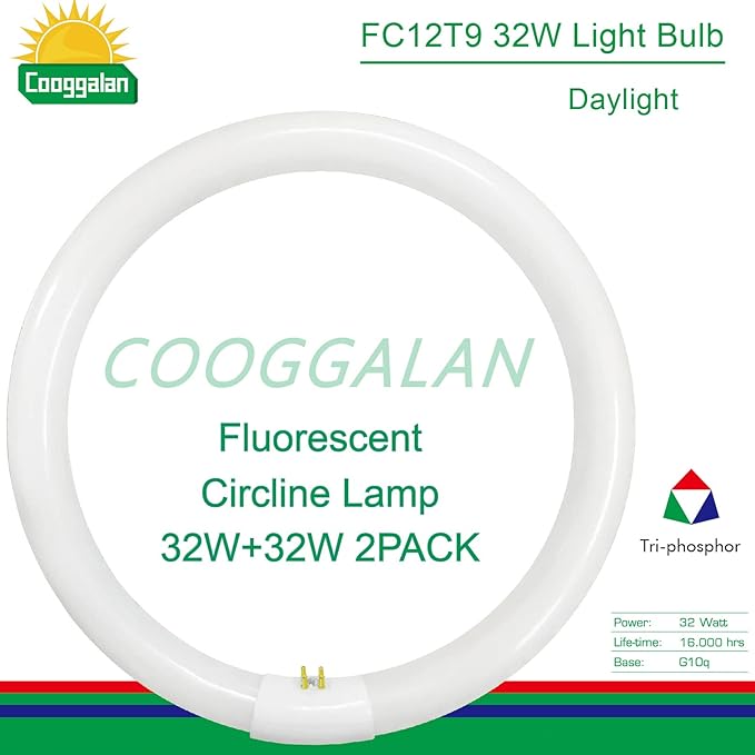 FC12T9/DX 32W 12 inch T9 Circular Light Bulb Daylight, Round Fluorescent Circline Bulbs FC12 T9 32 Watts Kitchen and Bath, G10q 4 Pin Prong, 6500K, 2 Pack