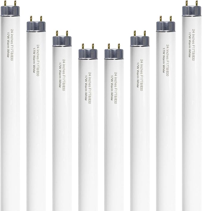 24 inch F17T8/830 17 Watts Light Bulb Warm White, 2 Foot Straight Fluorescent Tube T8 Tube Light F17T8/WW, 1500 Lumen G13 Medium Bi-Pin Cap 8 Pack