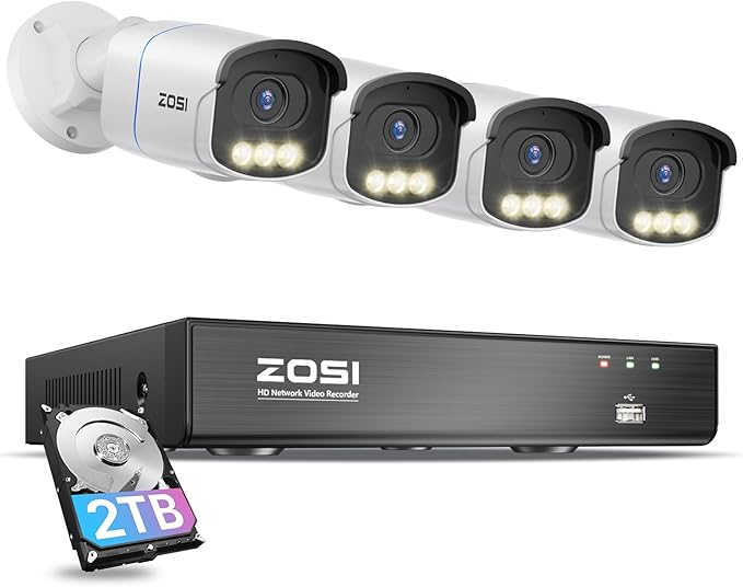 ZOSI 4K PoE Security Camera System,4pcs 4K C186 Aurora Lux Outdoor Indoor Wired Cameras,True Full Color Night Vision,Person Vehicle Detection,2 Way Audio,8MP 8CH NVR with 2TB HDD for 24/7 Recording