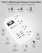 6 USB(2 USB C) Surge Protector Power Strip- 5Ft Travel Power Strip with 4.8A USB Charging Station and 4 Extendable Outlet, 13A Flat Plug Braided Extension Cord with Wall Mount for Travel Office Dorm