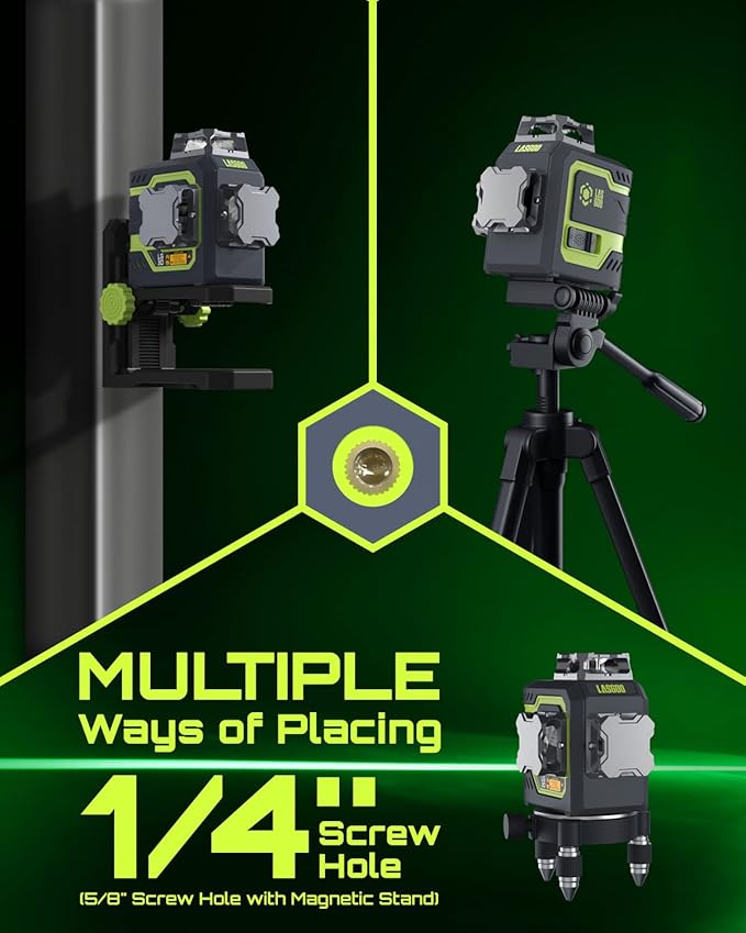 LasGoo LG-3D Laser Level Self Leveling 3x360°, 3D Green Beam Cross Line Laser for Construction and Picture Hanging, 2 Rechargeable Batteries (20 Hrs), Magnetic Liftable Stand Included, Green