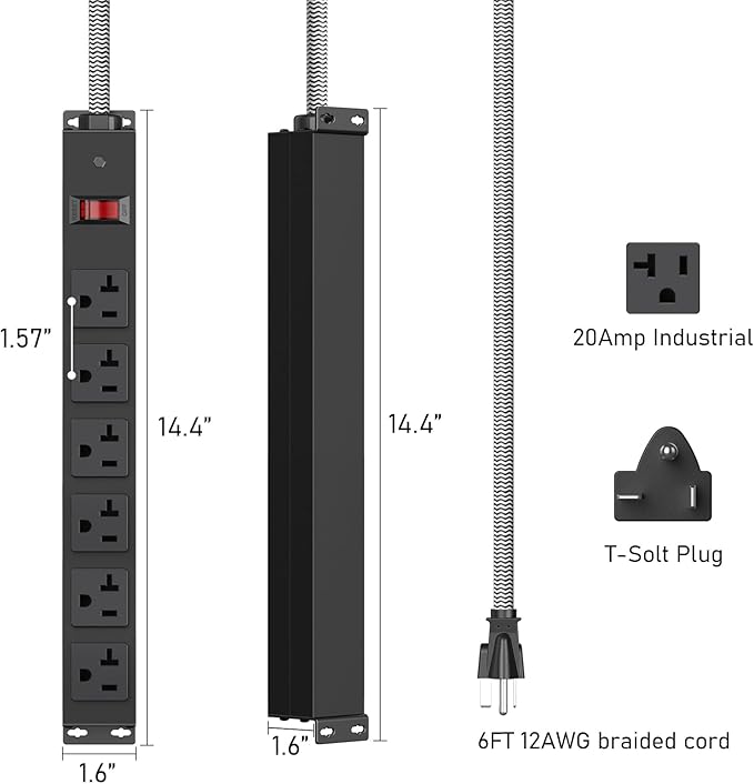 HEZI 20 Amp Power Strip with 5-20P/T- Plug, Heavy Duty High Amp Metal Surge Protector, Mountable Industrial Power Strip with 6AC Outlets(5-20R) and Circuit Breaker, 6FT 12AWG Extension Cord