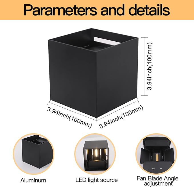 4 Pack Outdoor Wall Lights Exterior/Interior LED Wall Sconces IP65 Waterproof Square Aluminum Wall Lamps Outdoor Lighting Fixture Up and Down Lights Modern Black 12W 3000K Warm Lights