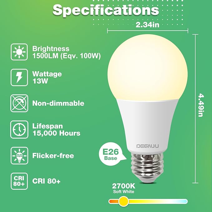 A19 LED Light Bulbs, Soft White 2700K, 100 Watt Equivalent LED Bulbs, Non-Dimmable, 1500 Lumens, 8.5W Warm White LED Bulbs for Bedroom Living Room, 3 Pack