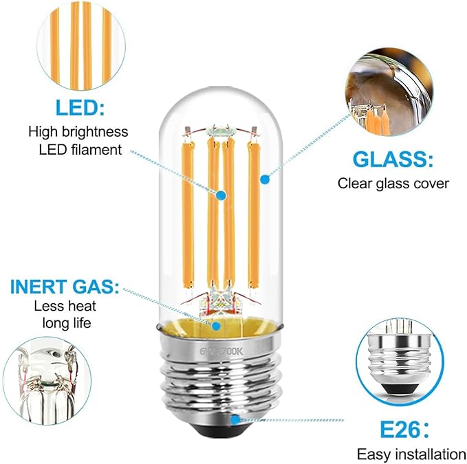 3.2 Inch E26 LED Bulb 60 Watt Equivalent, 2700K Soft White Edison Bulbs Dimmable, AC 120V 600LM T10/T9 Clear Glass Filament Light Bulbs UL for Pendant Wall Light Desk lamp-4 Pack