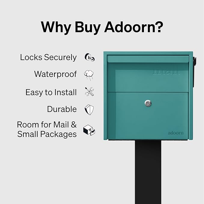 Adoorn Lockable Post Mount Mailbox | Small (Aegean Sea), Size 12 x 12 x 18.5 (HxWxD) Anti-Theft Locking Mailbox with 2 Keys, Modern Mailbox with Flag, Weatherproof Mailboxes for Outside