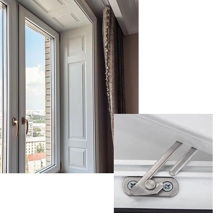 2PCS 10x4.5CM Window Hook Automatic Limiter Silver Stainless Steel Safety Window Opening Restrictor Lock for Window Frame and Sash with Distance of 14 to17MM Inside and Outside Window