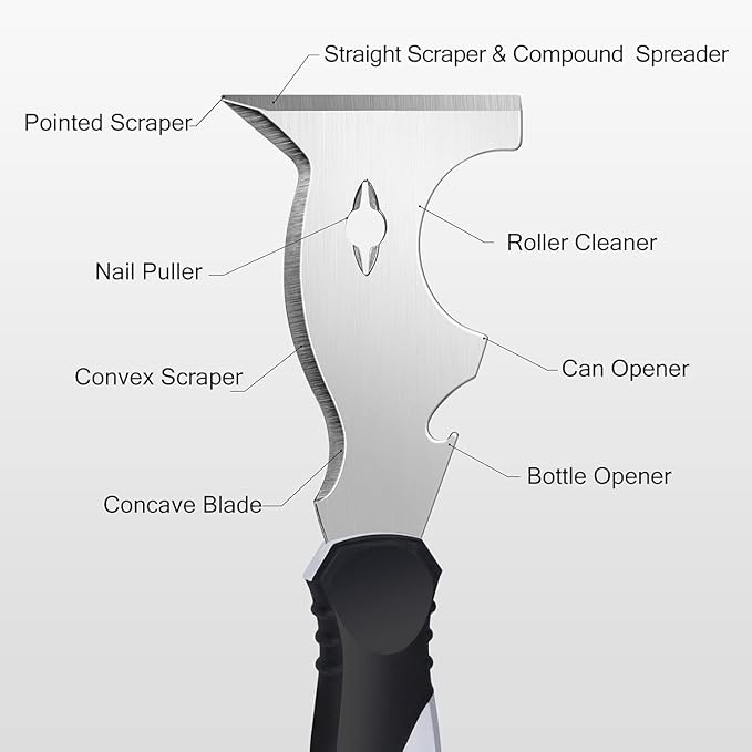 Mister Rui Drywall Tools, 7 Pieces Stainless Steel Putty Knife Set, Taping Knives, 10 in 1 Paint Scraper, Spackle Knife Set