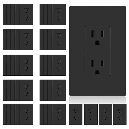 ELEGRP Matte Black Standard Decorator Electrical Wall Receptacle Outlet, 15A 125V, 2 Pole 3 Wire, Non-Tamper Resistant, NEMA 5-15R, Self-Grounding, Mid Wall Plate Included, UL Listed (50 Pack)