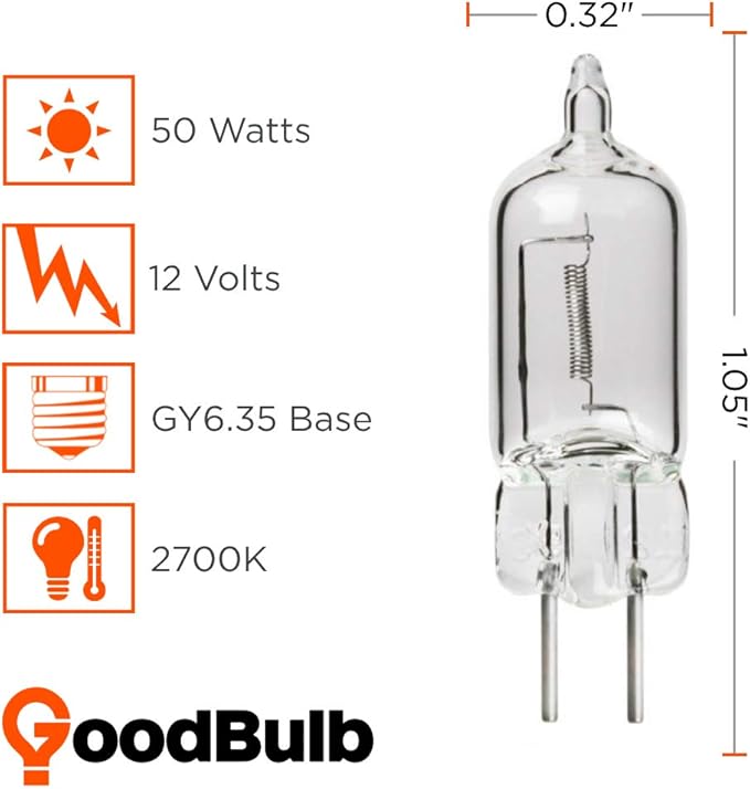 GoodBulb 50-Watt JC Light Bulb | GY6.35 Base 12V | High Output Halogen Light | 3000K Soft White Color | Clear Finish | 2000 Life Hours | Pack of 10 Bulbs