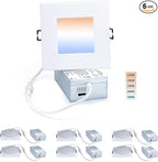 4-inch LED Canless Recessed Slim-Downlight 5 CCT Adjustable Dimmable Recessed Lights Fixture with Junction Box, Ceilling Light with Junction Box, 2700-5000K, 9W, White Square Finish, 6 Pack