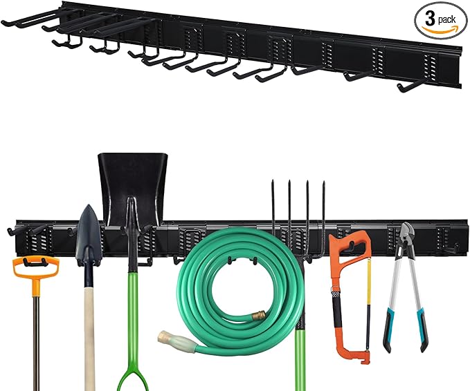 AIRTOON Garage Tool Organizer, 48 Inch Garage Organizer Wall Mounted Storage System with 9 Hooks, Max Load 500lbs Garage Storage for Garden Tools, Shovels, Trimmers, Hoses