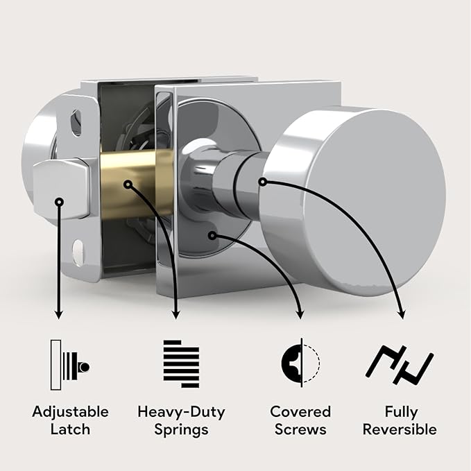 Mega Handles SUANA Passage Door Knob for Hallway, Closet and Bathroom, Reversible Heavy Duty Design Door Knobs, Fits All Standard Door Sizes, Screws Included - Polished Chrome (1 Pack)