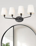 Emak 4-Light Bathroom Vanity Light, 29 Inch Black Bathroom Light Fixtures with Flared White Fabric Shade, Modern Farmhouse Wall Sconce for Bath, Hallway, Bedroom, VL132-BK-WF-4