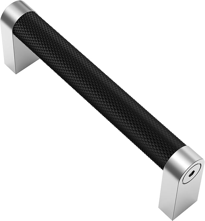 Alzassbg 10 Pack Silver and Black Cabinet Pulls, 3-3/4 Inch(96mm) Hole Centers Cabinet Handles Kitchen Hardware Knurled Drawer Handle Pull AL3101CP-MB
