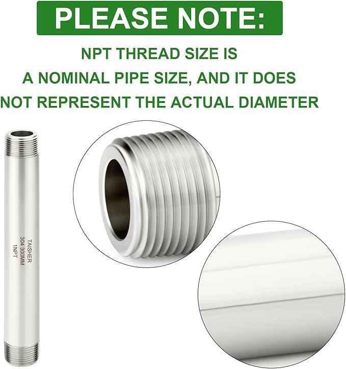 TAISHER 2PCS Stainless Steel Pipe Fittings, 1" NPT Male x 1" NPT Male Threaded, 12" Length Thickened Nipple Cast Pipe