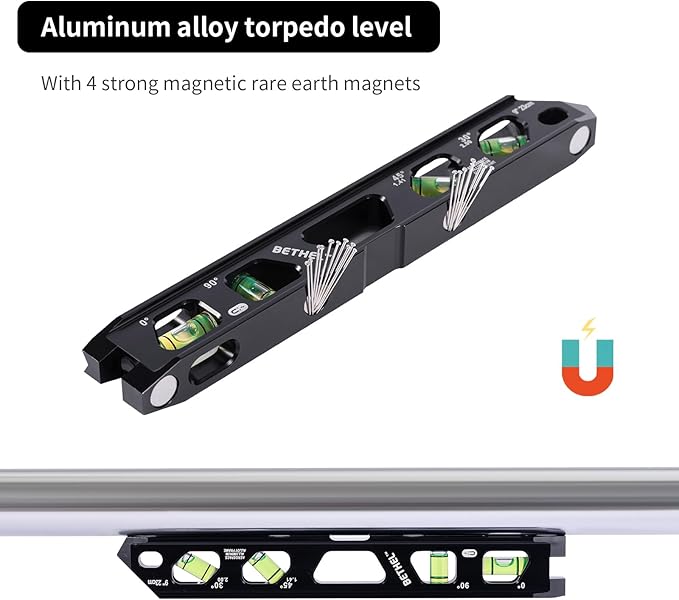 BETHEL 9 Inch Magnetic Torpedo Level with 4 Bubble Vials, V-Groove & Magnetic Rails, Black Aluminum Alloy Construction