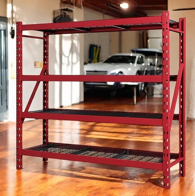 Heavy Duty Member Mark 4-Shelf Industrial Storage Rack, 77" W x 24" D x 72" H (Red, 1 Pack)