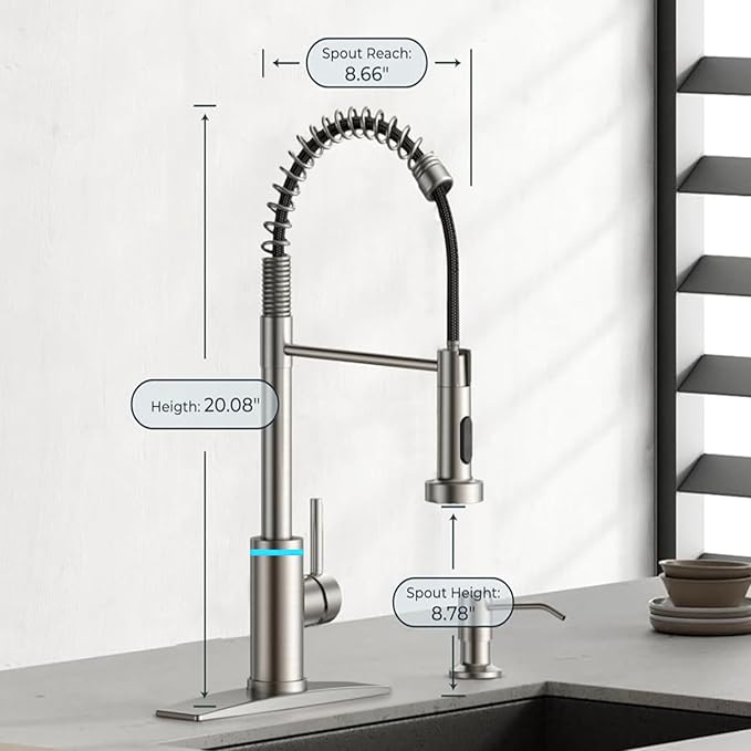 Smart Kitchen Faucet, 3 Modes Pull Down Sprayer, LED Temperature Control, Ceramic Valve, 360-Degree Rotation, 1 or 3 Hole Deck Plate. 10-Year Warranty. (KW-56SN, Brushed Nickel)