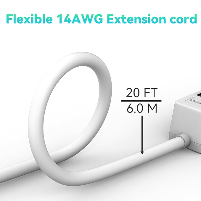 PLUGTUL Surge Protector 20FT (980 Joules), Flat Plug Power Strip, Extension Cord with Multiple Outlets, 7 Outlets, ETL Listed, 14 Gauge, Wall Mountable for Home Office Garage, White