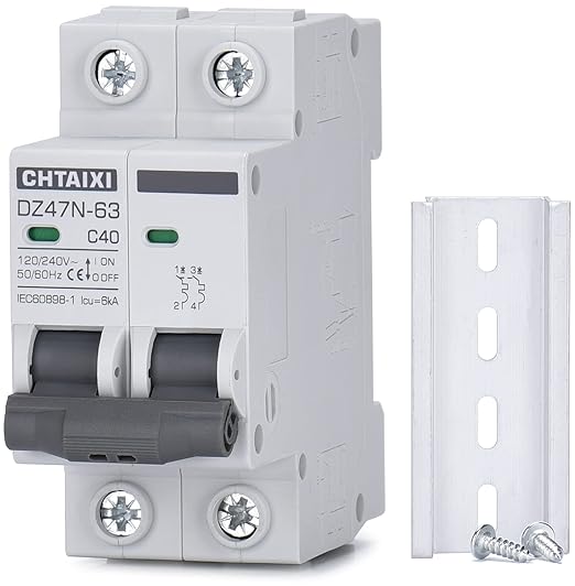 AC Miniature Circuit Breaker, 40 Amp 120V/240V 2 Pole DIN Rail Mount Circuit Breaker, Thermal Magnetic Trip, Solar AC Disconnect Switch MCB C40