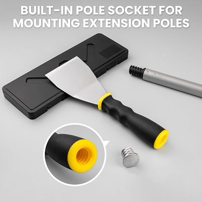 Mister Rui 3" Bent Scraper, Heavy Duty Paint Scraper Tool with Pole Socket Hammer End, Stainless Steel Bent Blade with Anti Slip Rubber Handle, Curved Floor Scraper for Cleaning, Removing, Repairing