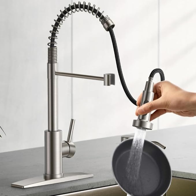 Touch On Kitchen Faucet, 3 Modes Pull Down Sprayer, Ceramic Valve, 360-Degree Rotation. (Touch-On (KW-62), Brushed Nickel)