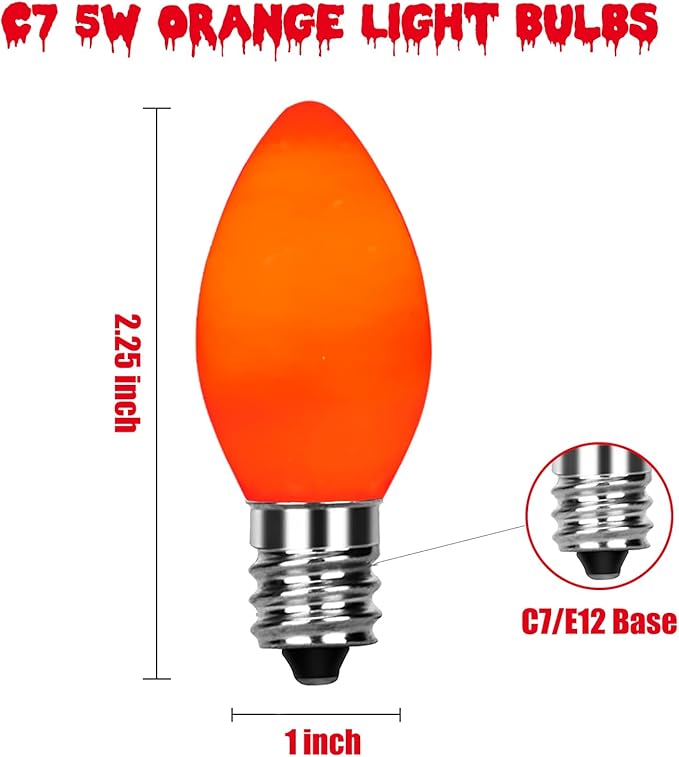 SUNSGNE C7 Christmas Orange Incandescent Night Light Bulbs, 25 Pack C7 Ceramic Replacement Bulbs for Outdoor String Lights, E12 Candelabra Base, 5 Watt, Ceramic Orange