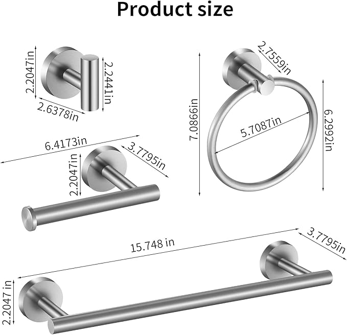 Towel Bar Set Brushed Nickel, Bathroom Towel Ring Set 5pcs Including 2pcs 16'' Tower Bar, Towel Ring and 2 PCS Towel Hooks